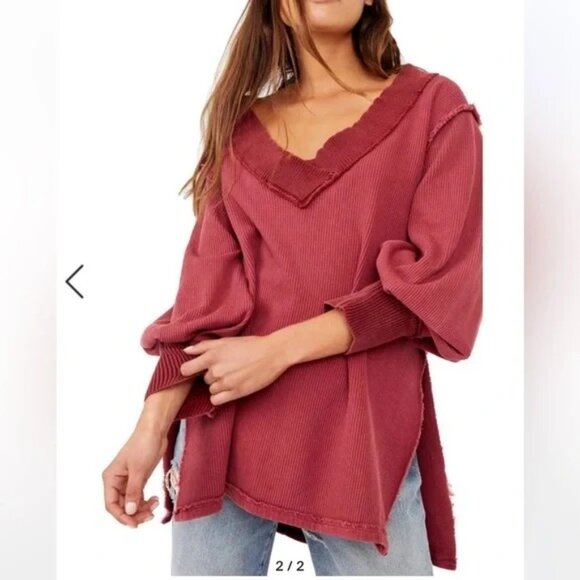 We The Free Asher Thermal Knit Oversized V-Neck Top Large Burgundy Ribbed - Picture 1 of 12